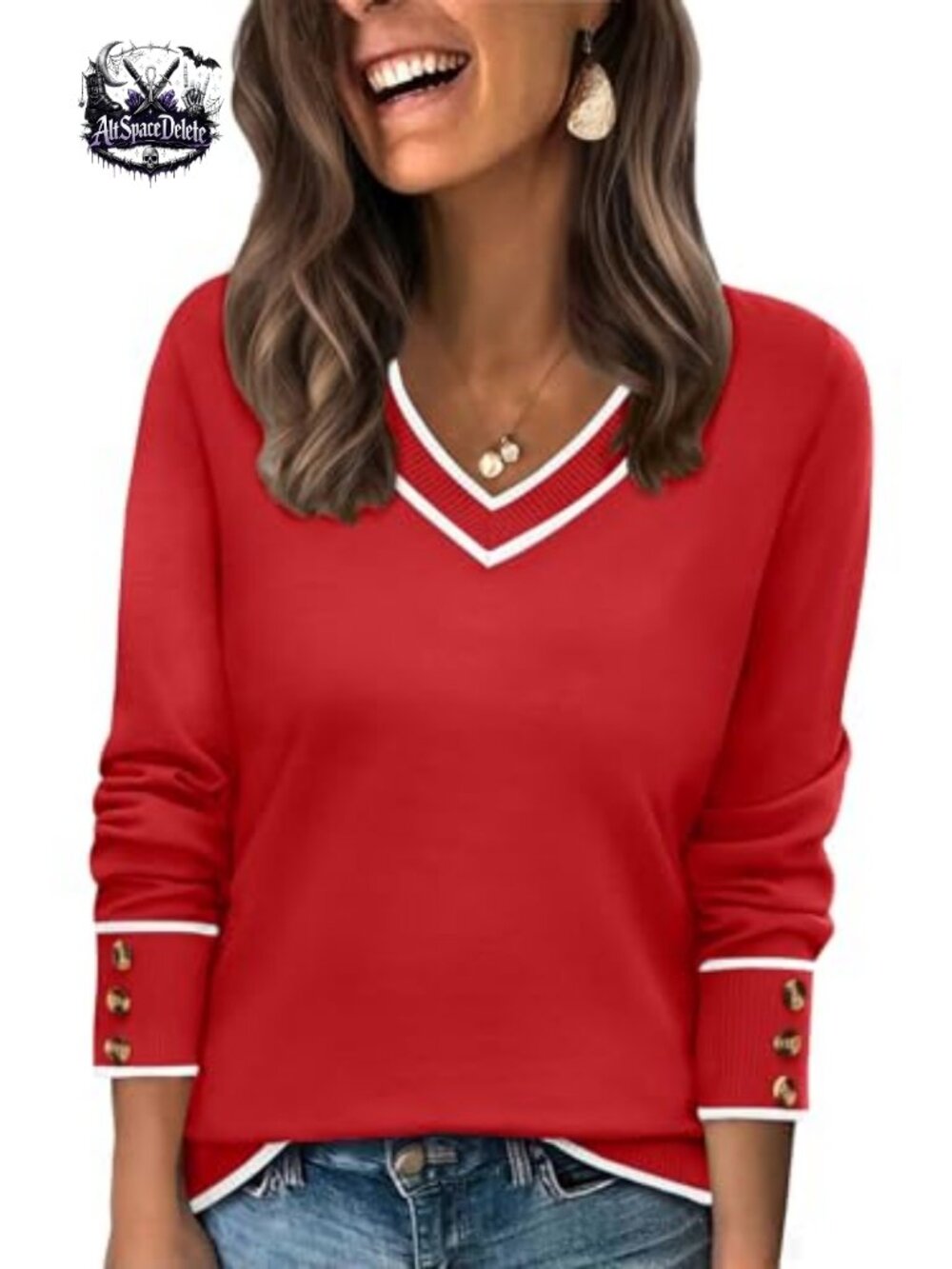 Women's V-Neck Knit Pullover Sweater Long Sleeve Button Cuffs
